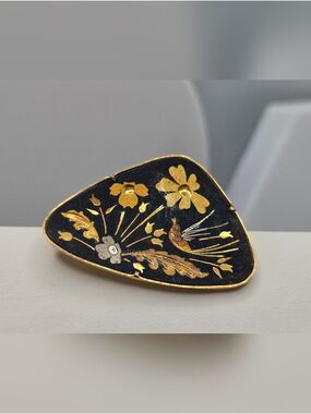 Vintage Spanish Damascene Brooch Bird Floral Toledo Style Gold Silver Inlay